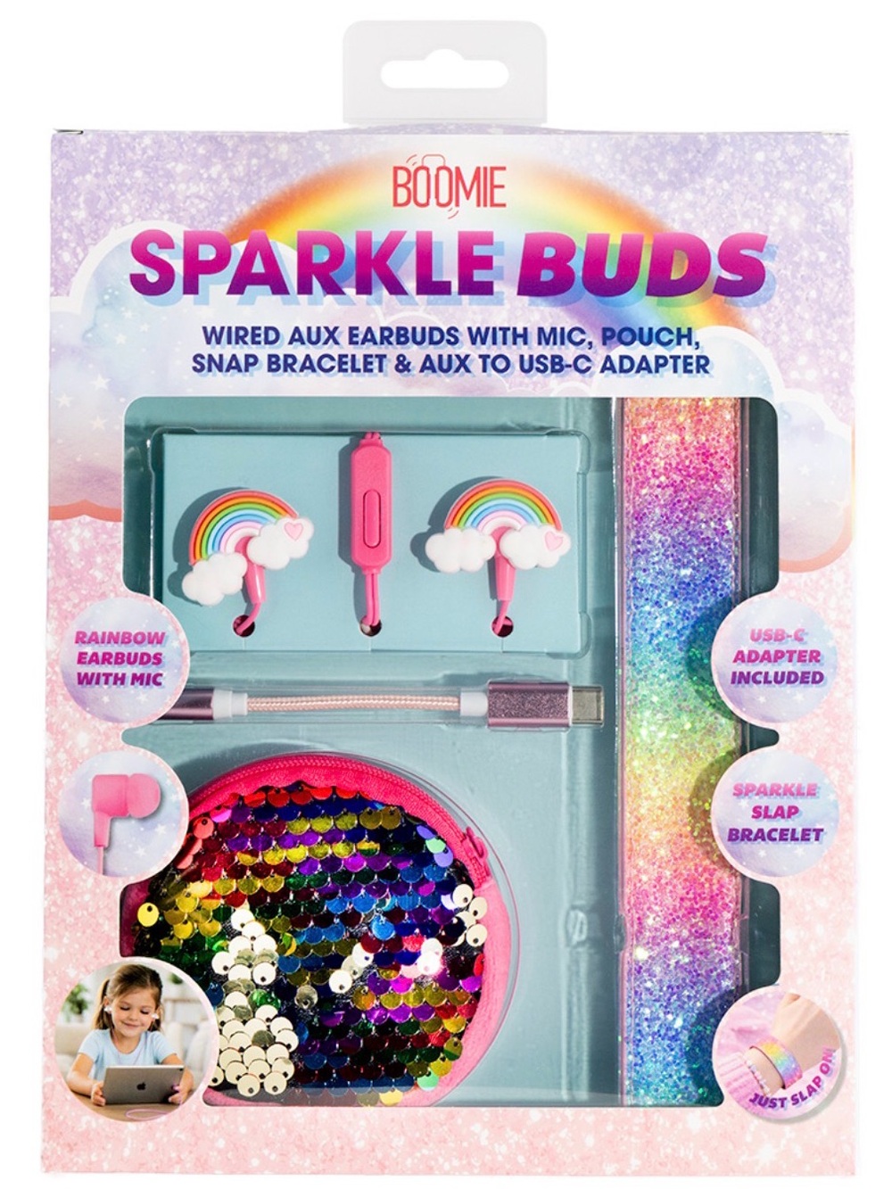 Sparkle Buds Rainbow Earbuds with Sequin Pouch & Slap Bracelet - Pink